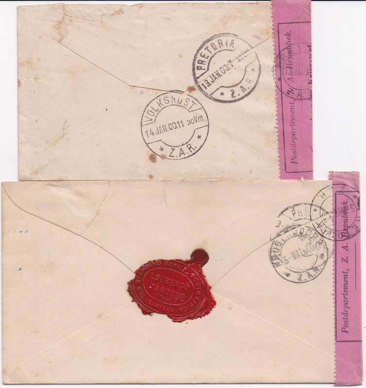 Anglo Boer War 1900 Mozambique 2x incoming censored covers to Volksrust & Krugersdorp fine