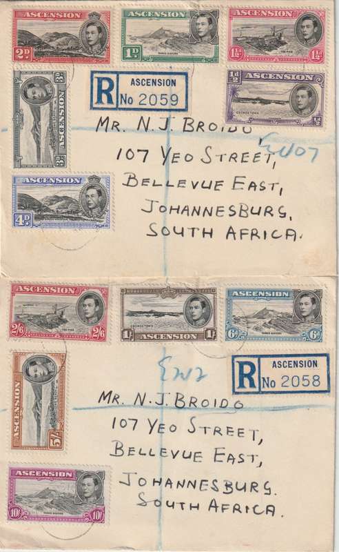 Ascension Islands 1939 KGVI registered covers with values to 10s  to South Africa
