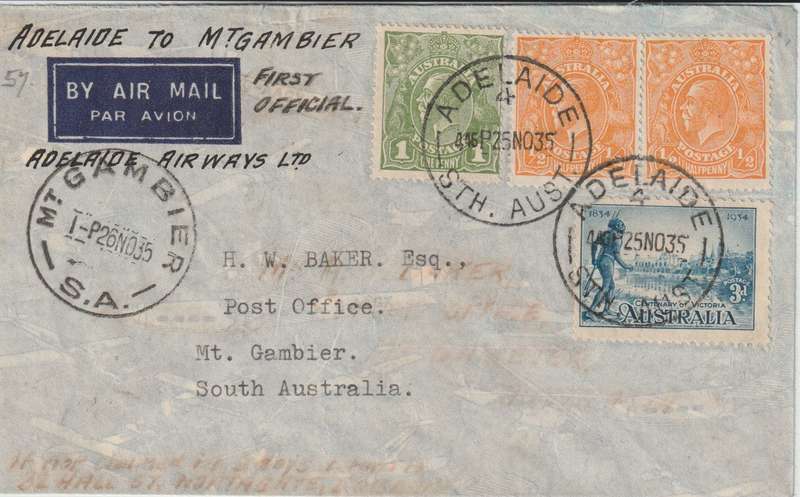 Australia 1935 First Flight cover Adelaide to Mt Gambier very  fine