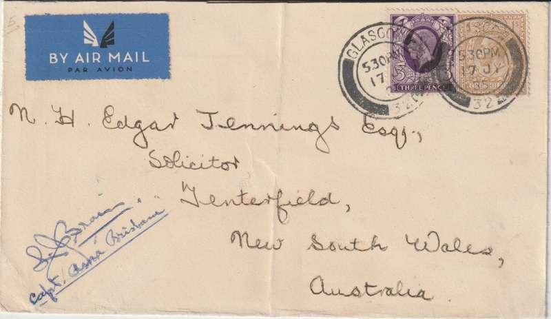 Australia 1935 First Flight cover Glasgow to NSW signed by pilot very  fine