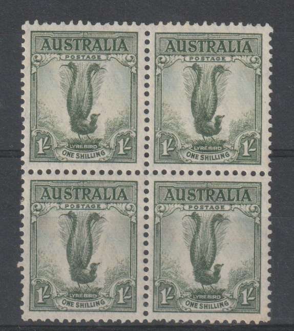 Australia 1937 1/- Lyrebird perf 13 1/2 x14 block of 4 very  fine unmounted mint