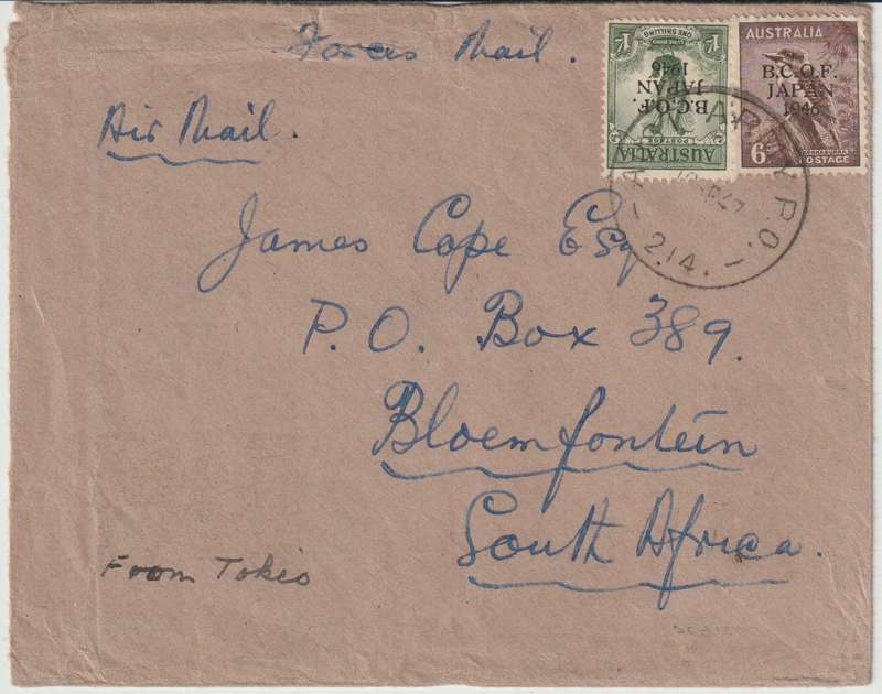 Australia Occupation of Japan 1947, 11 Se., 6d & 1s on Forces mail airmail cover with Aust Army 214