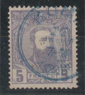 Belgian Congo 1887 Leopold II 5Fr violet very fine used with blue Boma cancel