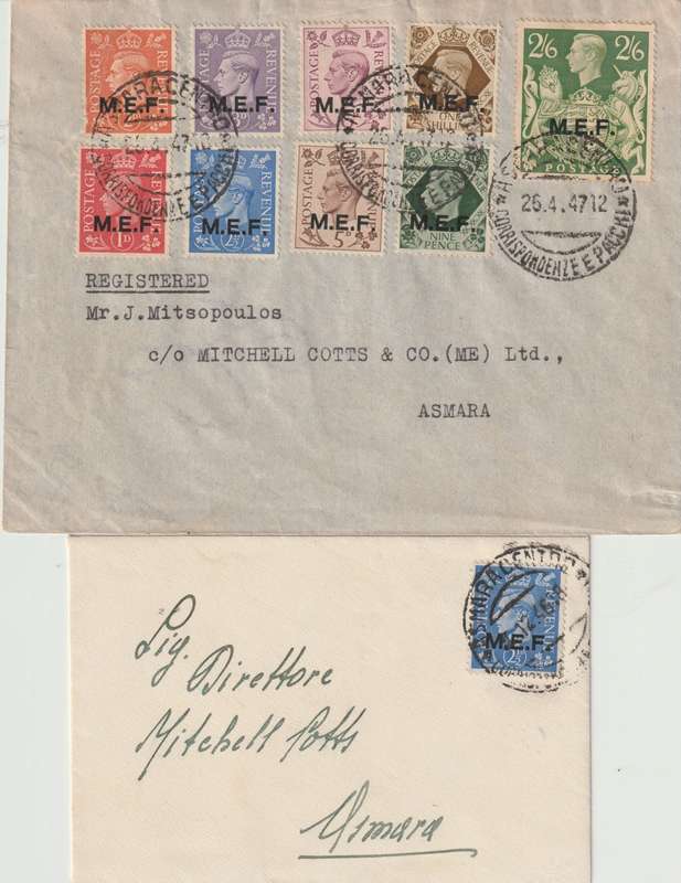 British Post Occ of Italian Colonies 1946/47 MEF 2 covers to Asmara very fine