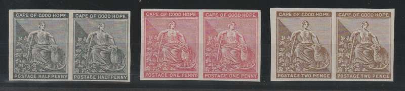 Cape of Good Hope 1882 1/2d, 1d & 2d imperforate proof pairs