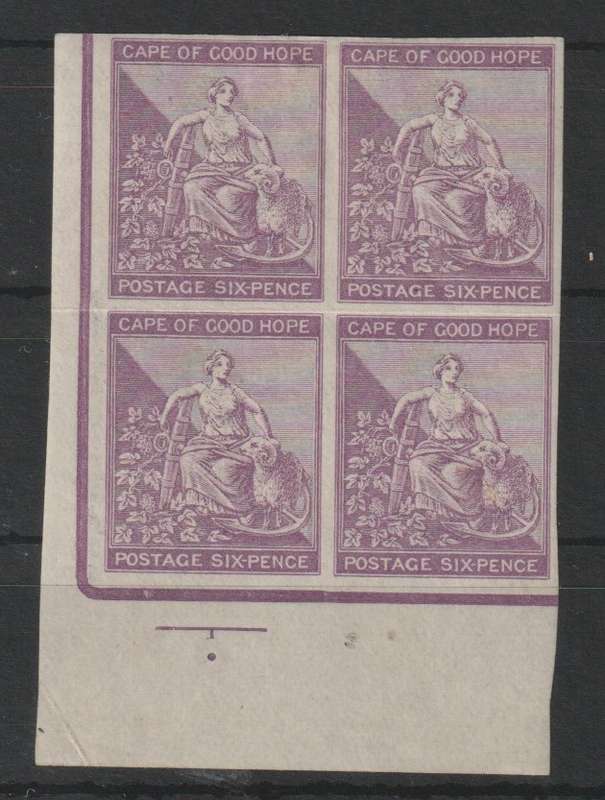 Cape of Good Hope 1884 6d imperforate proof corner block of 4