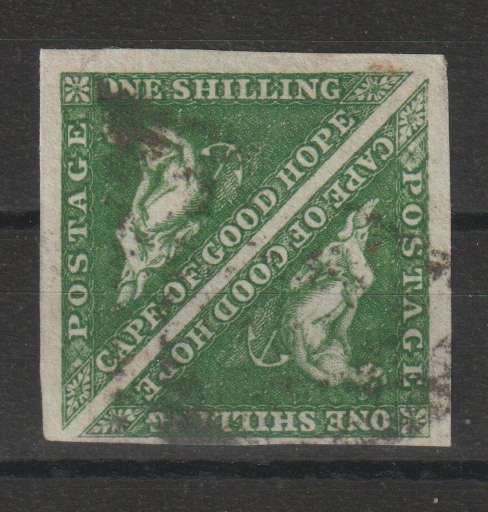 Cape of Good Hope 1855 Triangle 1s bright yellow green pair clear margins very fine used