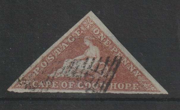 Cape of Good Hope 1853 Triangle 1d pale brick red on deeply blued paper very fine used