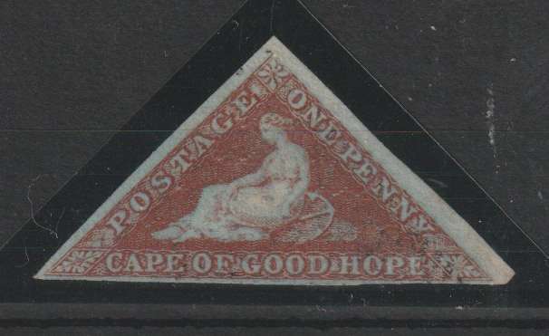 Cape of Good Hope 1853 Triangle 1d deep brick red on deeply blued paper very fine used