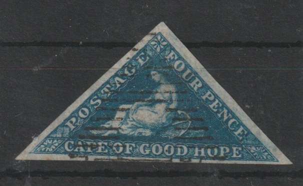 Cape of Good Hope 1853 lightly blued paper 4d deep blue sideways watermark very fine used