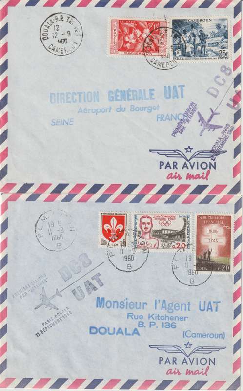 France 1960 First Flight covers to Abidjan & Douala and return very fine