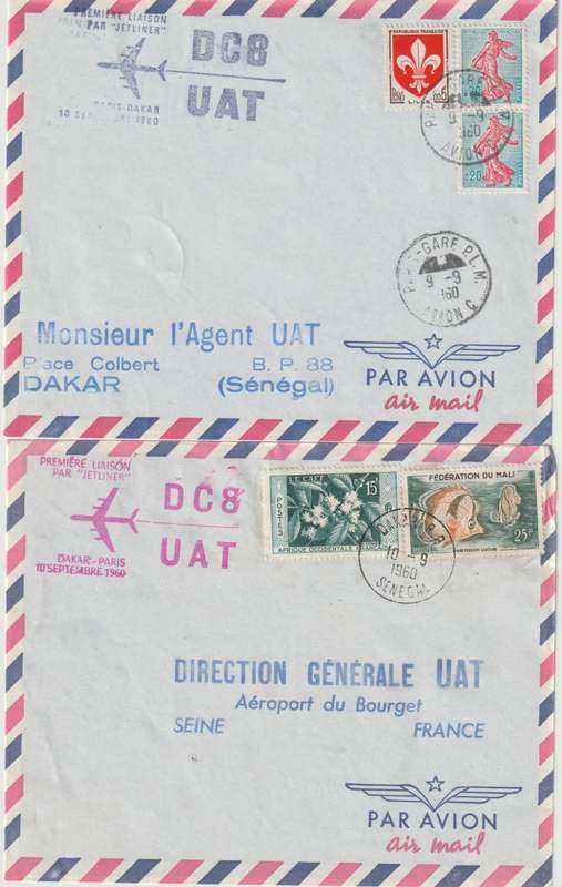 France 1960 First Flight covers to Brazzaville & Dakar and return very fine