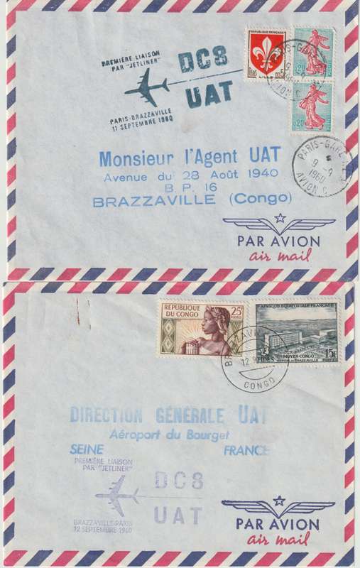 France 1960 First Flight covers to Brazzaville & Dakar and return very fine