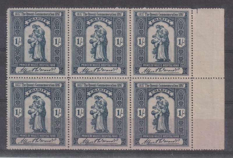 Great Britain 1897 QV 1s Charity 'Prince of Wales Hospital Fund' stamp block of 6