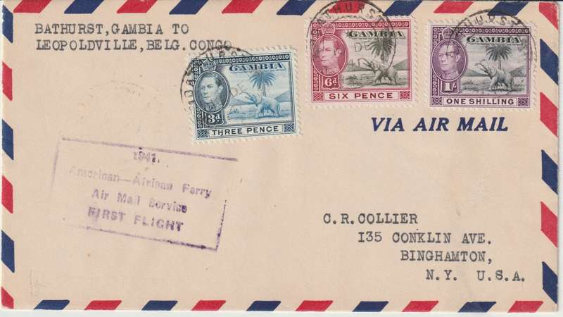 Gambia 1941 KGVI 3d, 6d & 1s on First Flight cover Bathurst to NY via Leopoldville B Congo very fine