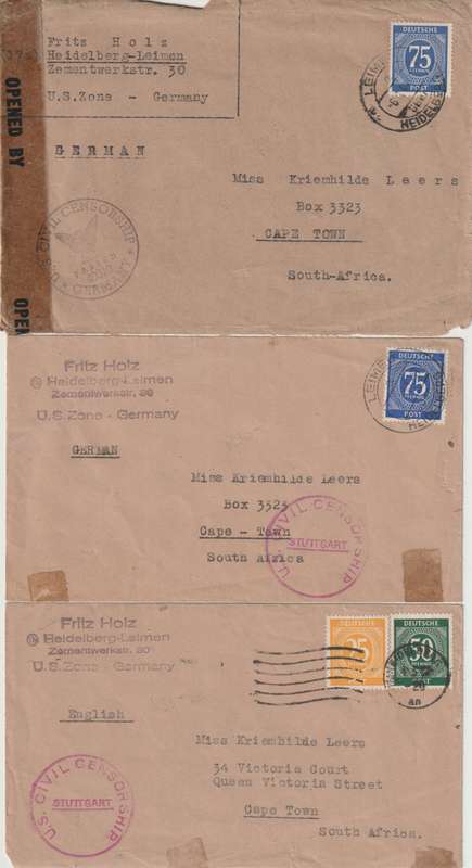 Germany Allied Occupation 1947 3x censored covers to South Africa