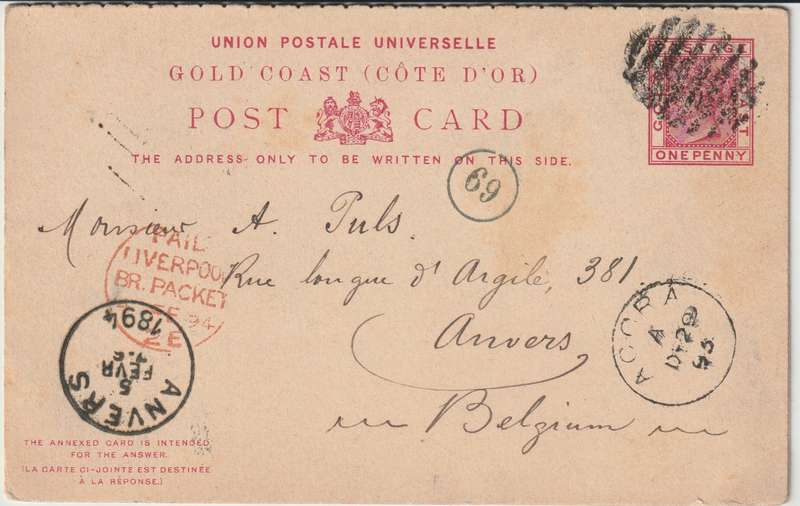 Gold Coast 1894 QV 1d postal stationarey card with reply attached used from Accra to Belgium
