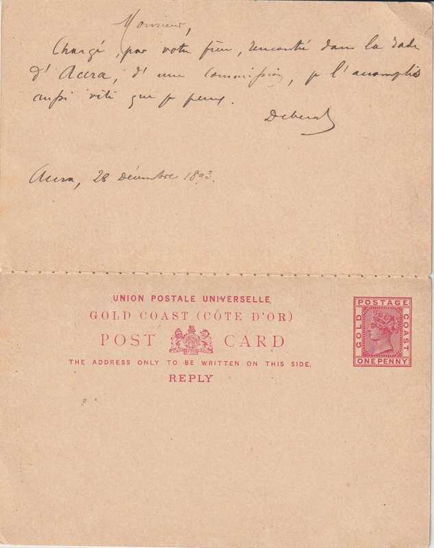 Gold Coast 1894 QV 1d postal stationarey card with reply attached used from Accra to Belgium