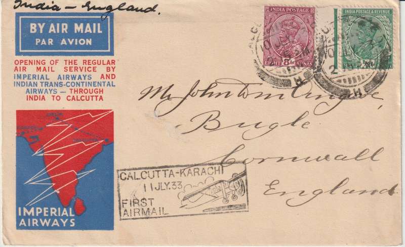 India Officials 1933 First Flight cover Calcutta to England, via Karachi signed by pilot on reverse