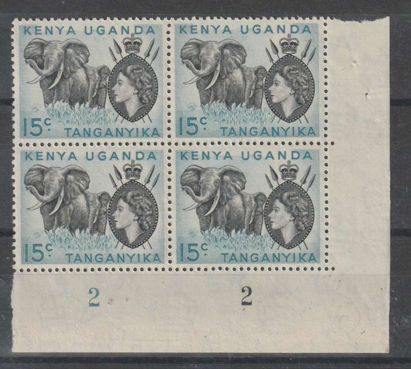 Kenya uganda Tanganyika 1950/54 QEII 15c redrawn cblk 2/2 block of 4 with dot below c