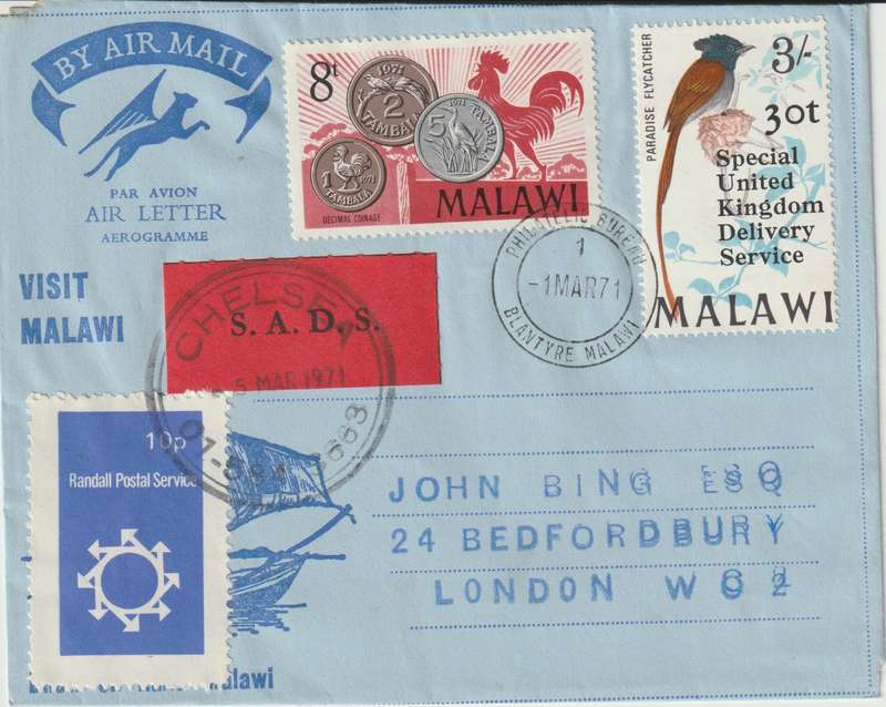 Malawi 1971 Air Letter to UK with Randall Postal Service postal strike label