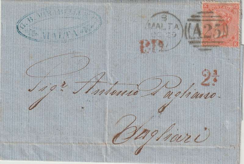 Malta 1867 GB used in QV 4d plate 9 used on entire to Italy