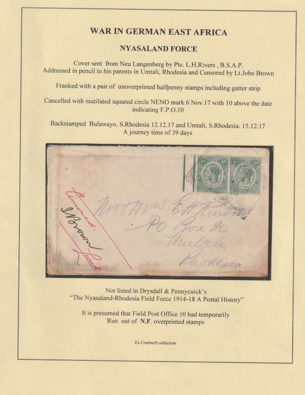 Tanganyika Nyasaland Rhodesia Force 1917 6 Nov., cover from Neu Langenberg to Umtali very  fine