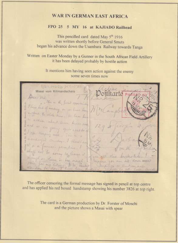 Tanganyika Nyasaland Rhodesia Force 1916 5 MY, OAS  card with FPO 25  Kajiado very  fine