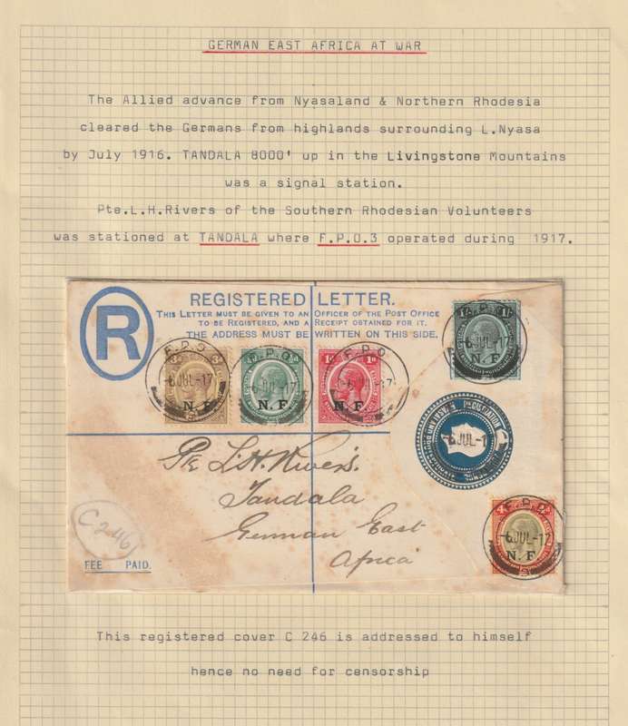 Tanganyika Nyasaland Rhodesia Force 1917 Registered local cover with FPO 3 with full NF set  fine