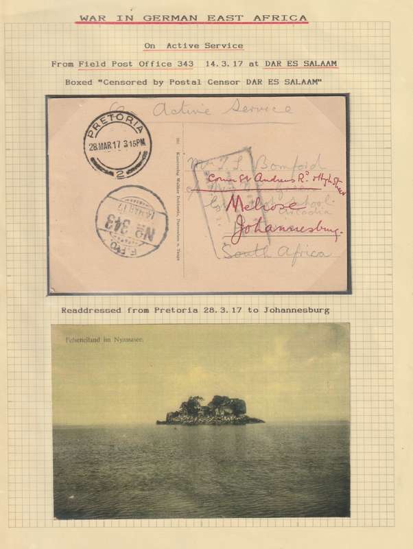 Tanganyika Nyasaland Rhodesia Force 1917 OAS card with FPO343 to Johannesburg very fine