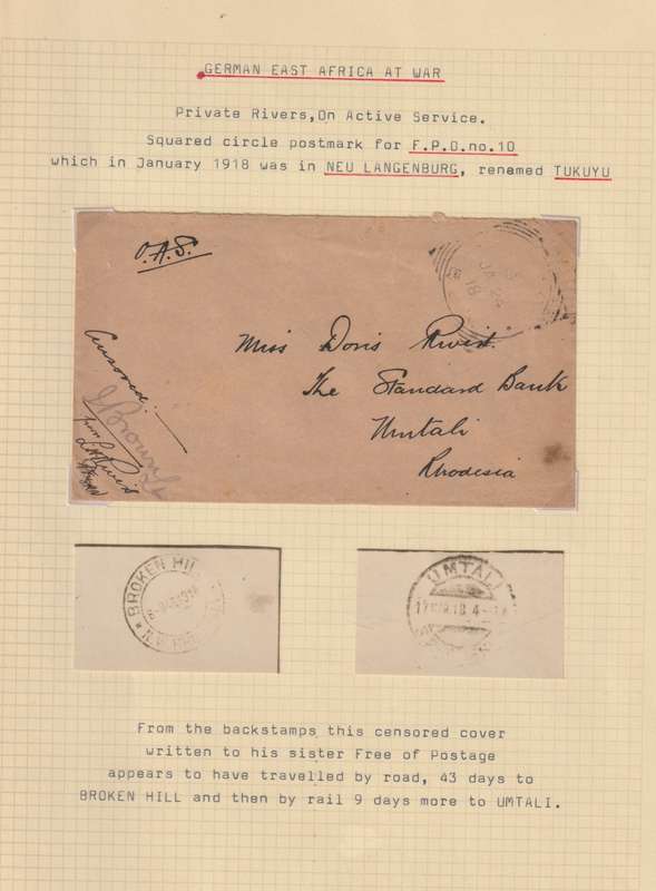 Tanganyika Nyasaland Rhodesia Force 1918 OAS cover with FPO 10 Neu Langenberg  very  fine