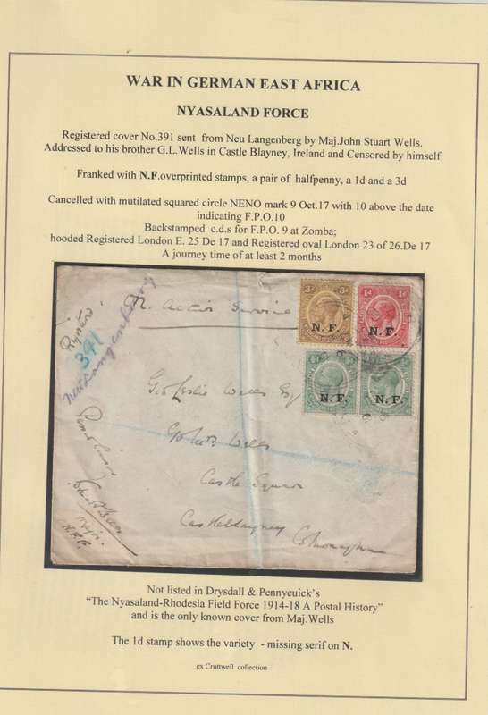 Tanganyika Nyasaland Rhodesia Force 1917, 9 Oct., OAS censored cover with FPO 10 cancel  very  fine