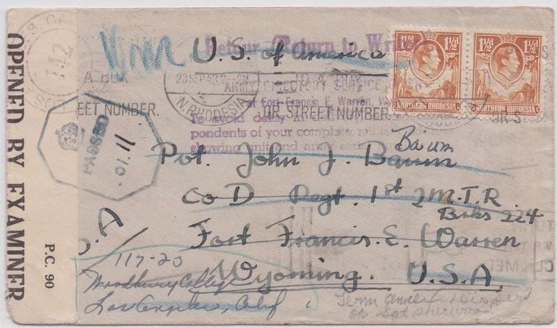 Northern Rhodesia 1944 KGVI 1 1/2d pair on censored cover to USA, very fine interesting cover