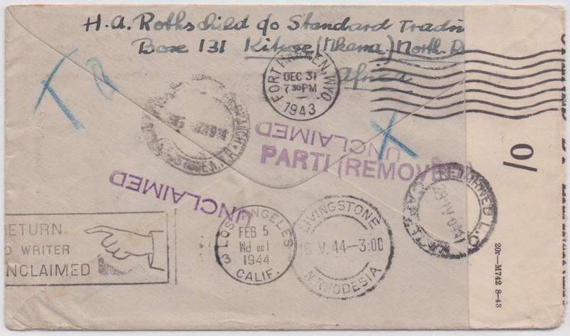 Northern Rhodesia 1944 KGVI 1 1/2d pair on censored cover to USA, very fine interesting cover