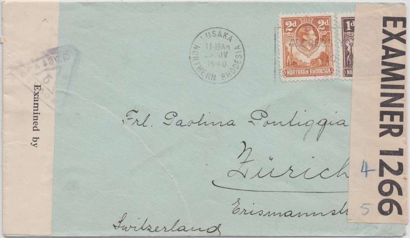 Northern Rhodesia 1940 KGVI 1d & 2d on censored Lusaka cover to Switzerland, fine
