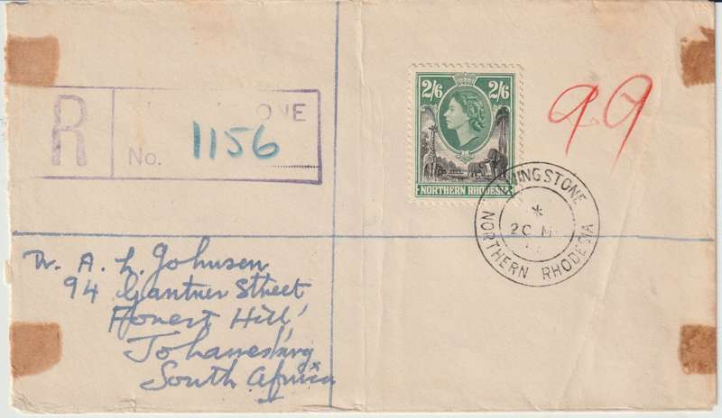 Northern Rhodesia 1954 Registered Livingstone cover with QEII 2s6d with official cachet on reverse