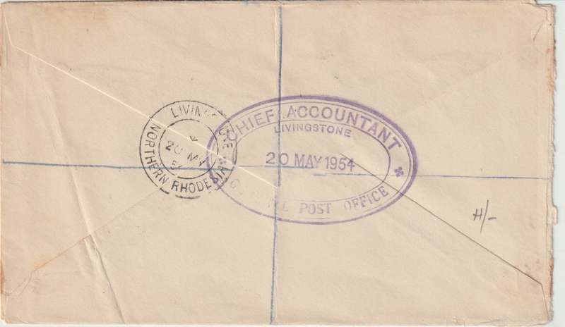 Northern Rhodesia 1954 Registered Livingstone cover with QEII 2s6d with official cachet on reverse