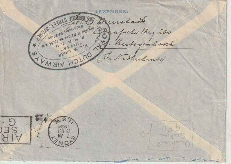Netherlands 1934, 20 Oc., Mac-Robertson Air Race cover from Amsterdam to Sydney