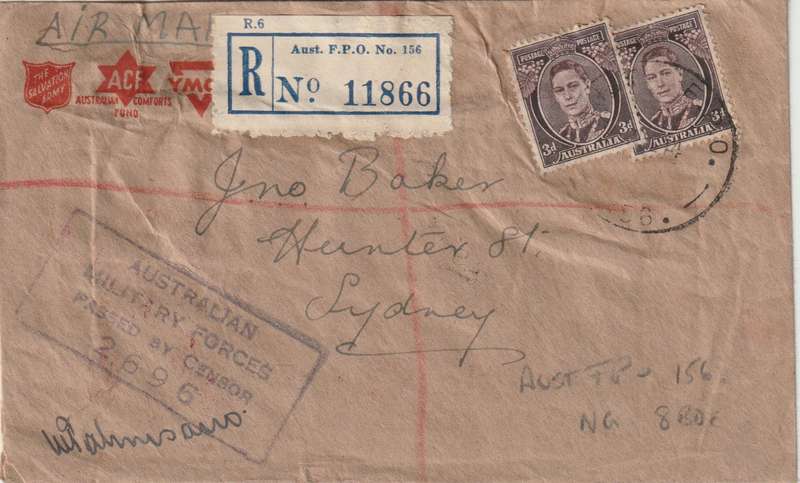 Papua New Guinea 1944 Australia 3d x2 on registered FPO 156 cover to Sydney  fine