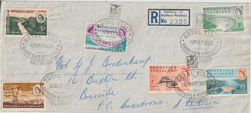 Rhodesia and Nyasaland 1960 Kariba set of 6 on registered ROYAL VISIT cover very fine