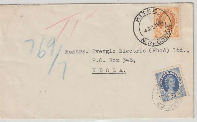 Rhodesia and Nyasaland 1959 Kitwe to Ndola Taxed cover with QEII definitive 1d as postage due