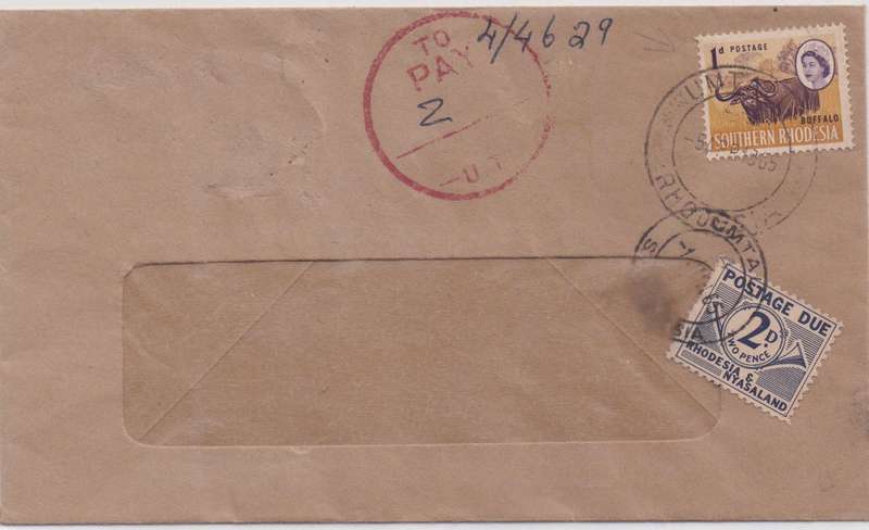Rhodesia and Nyasaland 1965 1d on Umtali window envelope tax 2d cachet and 2d postage due