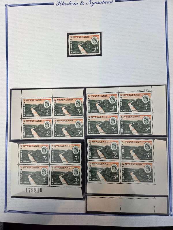 Rhodesia and Nyasaland 1960 Kariba collection of 6 in corner blocks of 4 plus varieties