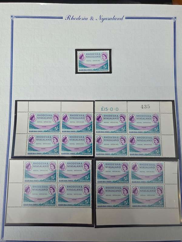 Rhodesia and Nyasaland 1960 Kariba collection of 6 in corner blocks of 4 plus varieties