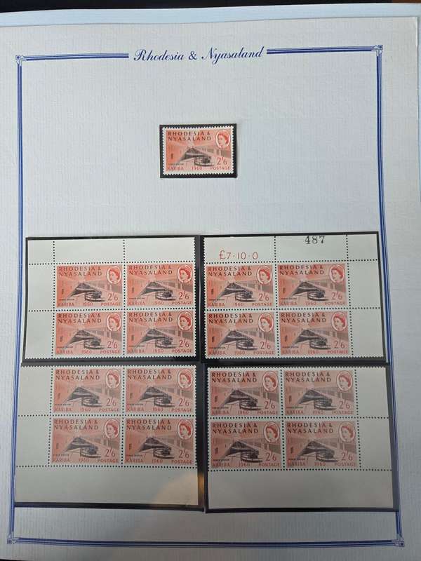 Rhodesia and Nyasaland 1960 Kariba collection of 6 in corner blocks of 4 plus varieties