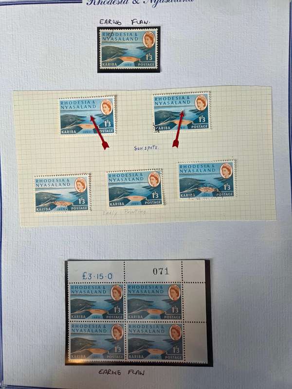 Rhodesia and Nyasaland 1960 Kariba collection of 6 in corner blocks of 4 plus varieties