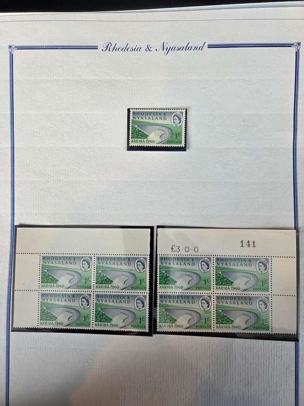 Rhodesia and Nyasaland 1960 Kariba collection of 6 in corner blocks of 4 plus varieties