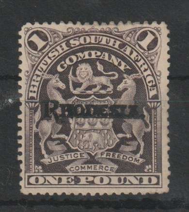 Rhodesia BSAC 1909 Arms Rhodesia  £1 grey purple with violet black oveprint very fine mint