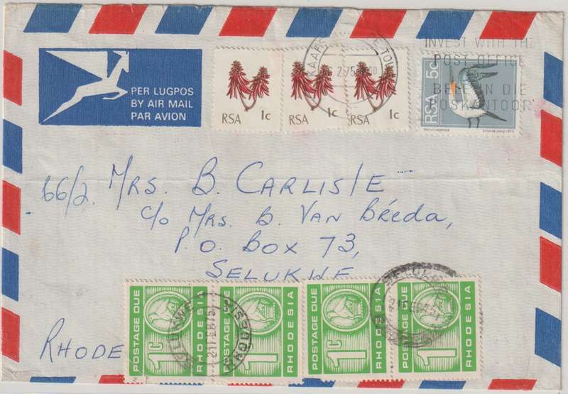 Rhodesia 1975 SA cover to Selukwe with 1c  postage dues x4 very fine