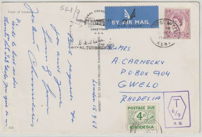 Rhodesia 1967 GB incoming card Taxed with 4d postage due very fine